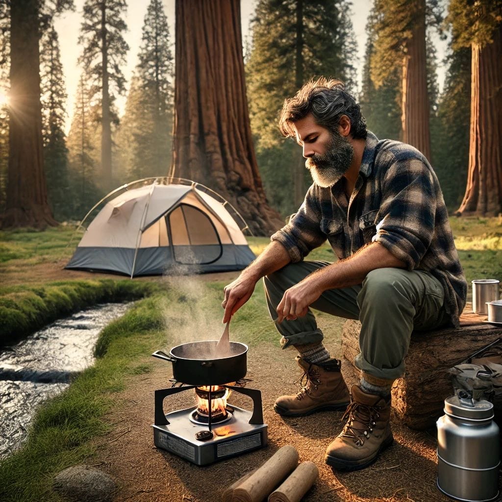 An Image of a Man Cooking at His Campsite