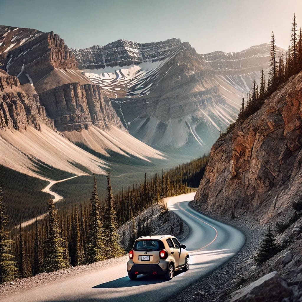 A Car Drives Through Scenic Mountain Roads